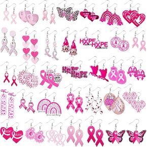 Nosiny 36 Pairs Wooden Breast Cancer Awareness Earrings Bulk Pink Ribbon Dangle Heart Butterfly Sunflower Earrings for Women Jewelry Cancer Survivor Gifts in Saudi Arabia