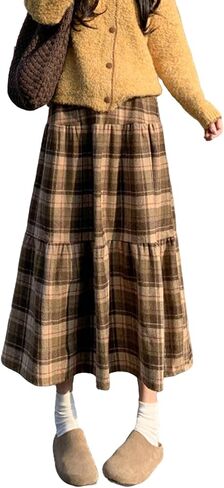 utcoco Women's Vintage Plaid Midi Skirt High Waist A Line Tiered Flared Patchwork Long Skirt for Fall & Winter in Saudi Arabia