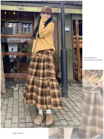 utcoco Women's Vintage Plaid Midi Skirt High Waist A Line Tiered Flared Patchwork Long Skirt for Fall & Winter in Saudi Arabia