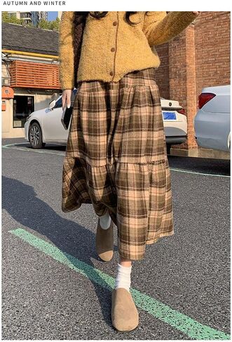 utcoco Women's Vintage Plaid Midi Skirt High Waist A Line Tiered Flared Patchwork Long Skirt for Fall & Winter in Saudi Arabia