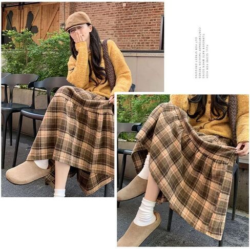 utcoco Women's Vintage Plaid Midi Skirt High Waist A Line Tiered Flared Patchwork Long Skirt for Fall & Winter in Saudi Arabia