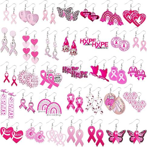 Nosiny 36 Pairs Wooden Breast Cancer Awareness Earrings Bulk Pink Ribbon Dangle Heart Butterfly Sunflower Earrings for Women Jewelry Cancer Survivor Gifts in Saudi Arabia