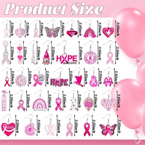 Nosiny 36 Pairs Wooden Breast Cancer Awareness Earrings Bulk Pink Ribbon Dangle Heart Butterfly Sunflower Earrings for Women Jewelry Cancer Survivor Gifts in Saudi Arabia