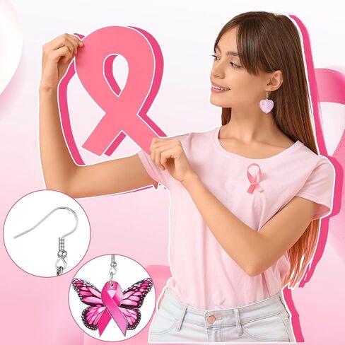 Nosiny 36 Pairs Wooden Breast Cancer Awareness Earrings Bulk Pink Ribbon Dangle Heart Butterfly Sunflower Earrings for Women Jewelry Cancer Survivor Gifts in Saudi Arabia
