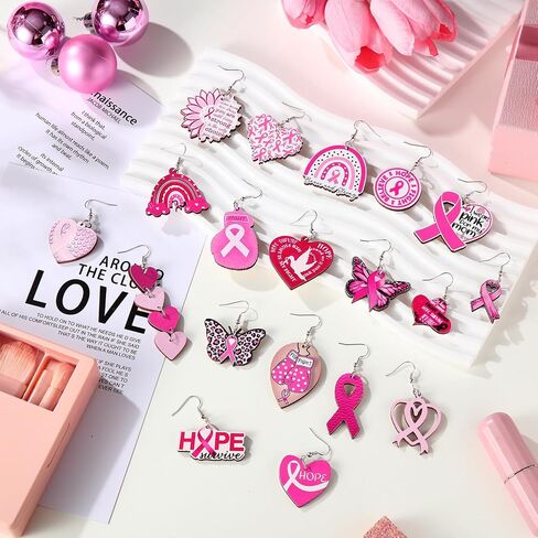 Nosiny 36 Pairs Wooden Breast Cancer Awareness Earrings Bulk Pink Ribbon Dangle Heart Butterfly Sunflower Earrings for Women Jewelry Cancer Survivor Gifts in Saudi Arabia