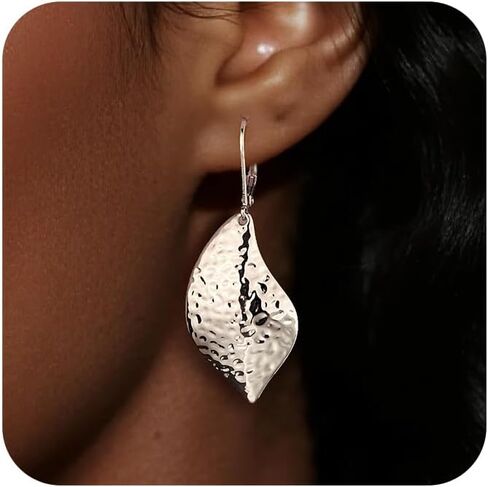 Sterling Silver Hammered Leaf Dangle Earrings for Women Trendy Lightweight Hypoallergenic 14K Gold Plated Drop Earrings French Leverback in Saudi Arabia