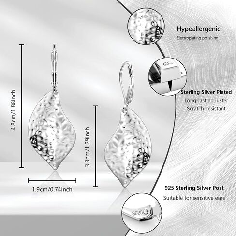 Sterling Silver Hammered Leaf Dangle Earrings for Women Trendy Lightweight Hypoallergenic 14K Gold Plated Drop Earrings French Leverback in Saudi Arabia