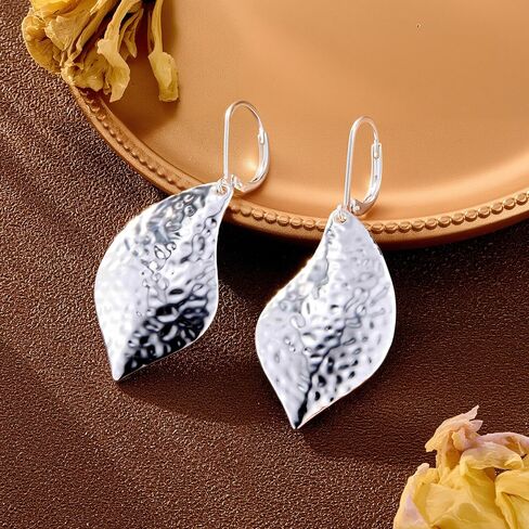 Sterling Silver Hammered Leaf Dangle Earrings for Women Trendy Lightweight Hypoallergenic 14K Gold Plated Drop Earrings French Leverback in Saudi Arabia
