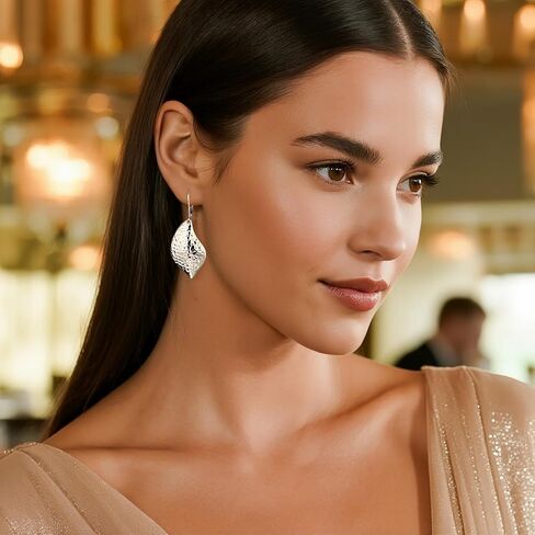 Sterling Silver Hammered Leaf Dangle Earrings for Women Trendy Lightweight Hypoallergenic 14K Gold Plated Drop Earrings French Leverback in Saudi Arabia