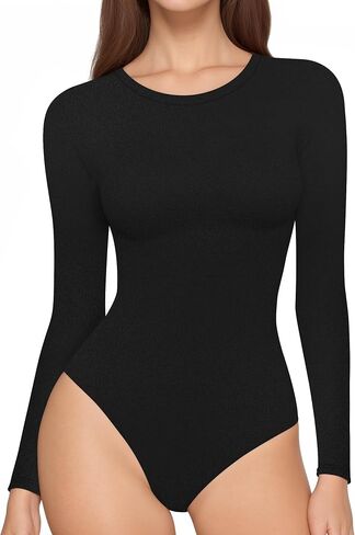 MANGOPOP Women's Long Sleeve Thermal Fleece Bodysuit Crew Neck Slim Fit Body Suit Warm Base Layer Tops Fall Outfits 2025 in Saudi Arabia