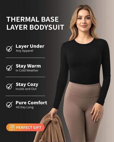 MANGOPOP Women's Long Sleeve Thermal Fleece Bodysuit Crew Neck Slim Fit Body Suit Warm Base Layer Tops Fall Outfits 2025 in Saudi Arabia