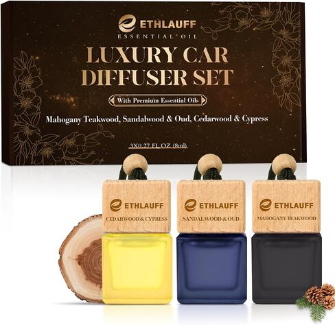 Car Air Freshener Hanging, 3 Pcs Mahogany Teakwood, Sandalwood & Oud, Cedarwood & Cypress, Wooden Scent Air Fresheners Diffuser for Car, 45+ days Long Lasting Fragrance, 0.27 FL OZ/8ML in Kuwait