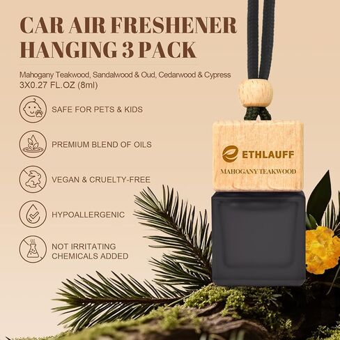 Car Air Freshener Hanging, 3 Pcs Mahogany Teakwood, Sandalwood & Oud, Cedarwood & Cypress, Wooden Scent Air Fresheners Diffuser for Car, 45+ days Long Lasting Fragrance, 0.27 FL OZ/8ML in Kuwait