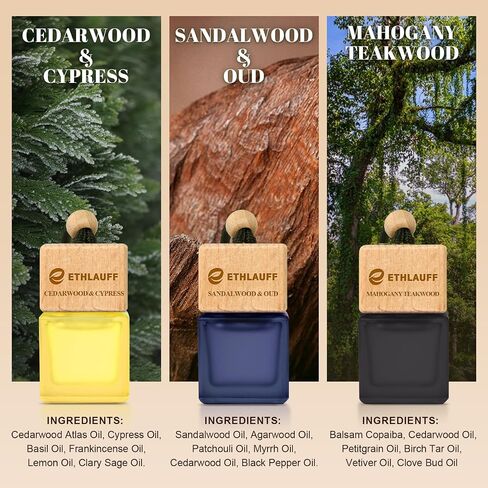Car Air Freshener Hanging, 3 Pcs Mahogany Teakwood, Sandalwood & Oud, Cedarwood & Cypress, Wooden Scent Air Fresheners Diffuser for Car, 45+ days Long Lasting Fragrance, 0.27 FL OZ/8ML in Kuwait