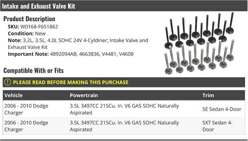 Intake and Exhaust Valve Kit - 24 Piece - Compatible with 2006-2010 Dodge Charger SE SXT Sedan 3.5L V6 in Saudi Arabia