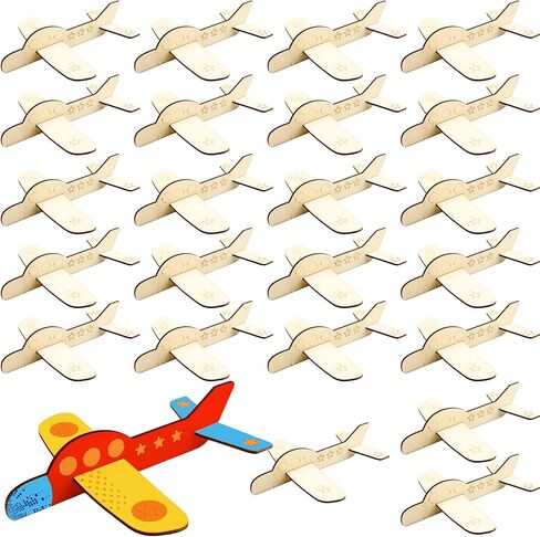 Haconba 24 Pack DIY Wooden Airplane Paintable Wood Craft Planes with 2 Pcs 3 ml Acrylic Paint Strip and 2 Pcs Painting Brushes for DIY Craft Activities Birthday Airplane Theme Party, 3 Styles in Kuwait