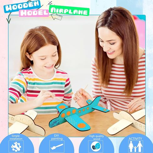 Haconba 24 Pack DIY Wooden Airplane Paintable Wood Craft Planes with 2 Pcs 3 ml Acrylic Paint Strip and 2 Pcs Painting Brushes for DIY Craft Activities Birthday Airplane Theme Party, 3 Styles in Kuwait