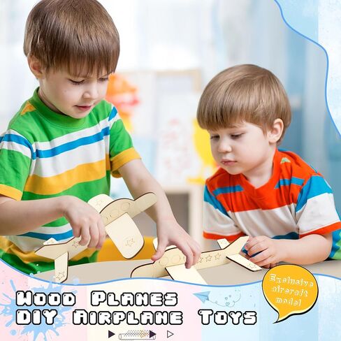 Haconba 24 Pack DIY Wooden Airplane Paintable Wood Craft Planes with 2 Pcs 3 ml Acrylic Paint Strip and 2 Pcs Painting Brushes for DIY Craft Activities Birthday Airplane Theme Party, 3 Styles in Kuwait