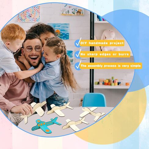 Haconba 24 Pack DIY Wooden Airplane Paintable Wood Craft Planes with 2 Pcs 3 ml Acrylic Paint Strip and 2 Pcs Painting Brushes for DIY Craft Activities Birthday Airplane Theme Party, 3 Styles in Kuwait