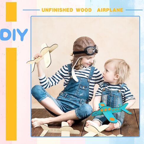 Haconba 24 Pack DIY Wooden Airplane Paintable Wood Craft Planes with 2 Pcs 3 ml Acrylic Paint Strip and 2 Pcs Painting Brushes for DIY Craft Activities Birthday Airplane Theme Party, 3 Styles in Kuwait