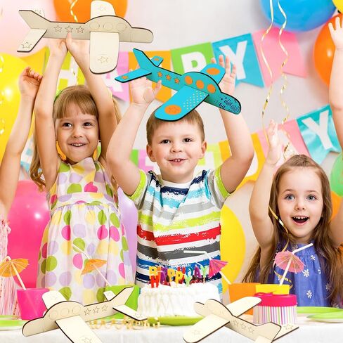 Haconba 24 Pack DIY Wooden Airplane Paintable Wood Craft Planes with 2 Pcs 3 ml Acrylic Paint Strip and 2 Pcs Painting Brushes for DIY Craft Activities Birthday Airplane Theme Party, 3 Styles in Kuwait