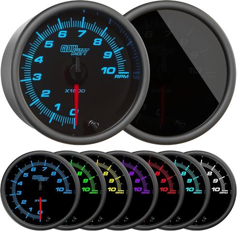 GlowShift Tinted 7 Color 10,000 RPM Tachometer Gauge - for 1-10 Cylinder Gas Powered Engines - Mounts in Custom Dashboard - Black Dial - Smoked Lens - 3-3/8" 85mm in Saudi Arabia