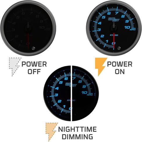 GlowShift Tinted 7 Color 10,000 RPM Tachometer Gauge - for 1-10 Cylinder Gas Powered Engines - Mounts in Custom Dashboard - Black Dial - Smoked Lens - 3-3/8" 85mm in Saudi Arabia