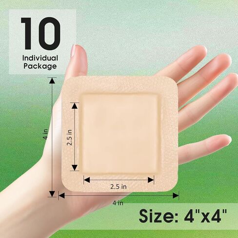 Silicone Foam Dressing with Adhesive Border (4" x 4", Pack of 10) – Waterproof Wound Dressing Bandage with High Absorbency, Cushioning & Protection, Self-Adhesive Silicone Foam Pad for Wound Care in Saudi Arabia