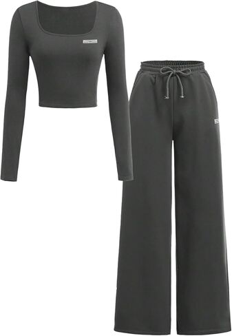 OYOANGLE Girl's 2 Piece Outfit Long Sleeve Square Neck Top and Sweatpants Set Tracksuits in Saudi Arabia