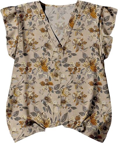 Women's Boho Floral Blouses Ruffle Short Sleeve V Neck Shirts Casual Summer Tops in Saudi Arabia