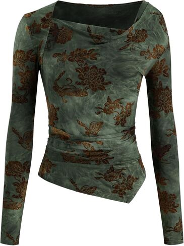 CIDER Long Sleeve Shirts for Women Floral Print Asymmetrical Neck Ruched Blouse Trendy Knit Top Women in Saudi Arabia