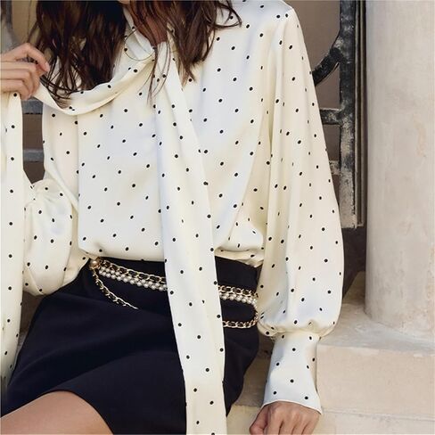 Satin Print Polka Dots Bow Women Shirt White Long Sleeve Blouses Female Autumn Slim Casual Streetwear in Saudi Arabia