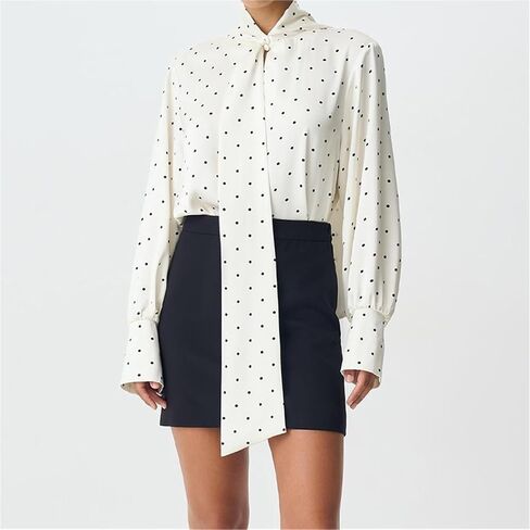 Satin Print Polka Dots Bow Women Shirt White Long Sleeve Blouses Female Autumn Slim Casual Streetwear in Saudi Arabia