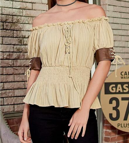 Women Renaissance Off Shoulder Blouse Smocked Waist Pirate Shirt Peplum Tops Medieval Shirt Summer Boho Top in Saudi Arabia