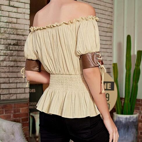 Women Renaissance Off Shoulder Blouse Smocked Waist Pirate Shirt Peplum Tops Medieval Shirt Summer Boho Top in Saudi Arabia