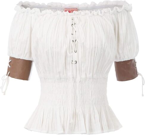 Women Renaissance Off Shoulder Blouse Smocked Waist Pirate Shirt Peplum Tops Medieval Shirt Summer Boho Top in Saudi Arabia
