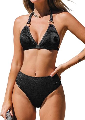 CUPSHE Women's Two Piece Bikini Sets V Neck Bathing Suits Textured Halter Side Shirred Back Hook Adjustable Straps in Saudi Arabia