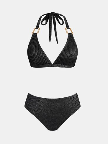CUPSHE Women's Two Piece Bikini Sets V Neck Bathing Suits Textured Halter Side Shirred Back Hook Adjustable Straps in Saudi Arabia