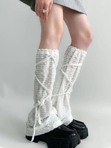 Leoparts Lolita Lace Leg Warmers for Women Y2K Knee High Pleated Lace-up Leg Sleeve Socks Thin Ruffled Mesh Leg Covers in Kuwait