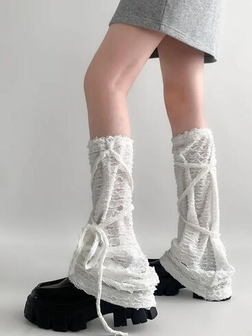 Leoparts Lolita Lace Leg Warmers for Women Y2K Knee High Pleated Lace-up Leg Sleeve Socks Thin Ruffled Mesh Leg Covers in Kuwait