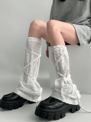 Leoparts Lolita Lace Leg Warmers for Women Y2K Knee High Pleated Lace-up Leg Sleeve Socks Thin Ruffled Mesh Leg Covers in Kuwait