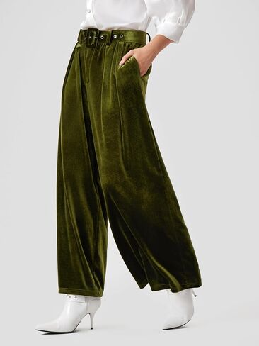 CIDER Velvet Mid Waist Pocket Wide Leg Trousers with Belt in Saudi Arabia