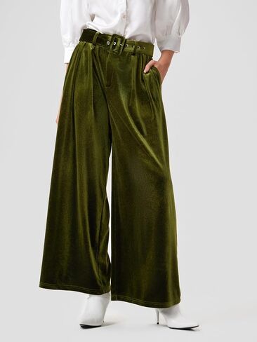 CIDER Velvet Mid Waist Pocket Wide Leg Trousers with Belt in Saudi Arabia