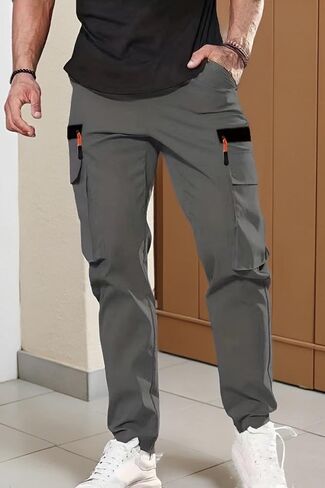 Men's Fashion Cargo Pants Comfort Fit with Vibrant Orange Zippered Pockets in Saudi Arabia