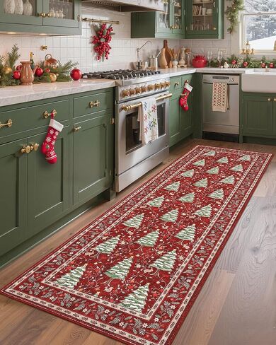 GarveeHome Red Christmas Floor Kitchen Runner Rug 2.5x8 Non Slip Washable Stain Resistant Christmas Tree Animals Print Holiday Decor Low-Pile Rugs for Hallway Bedroom with Rubber Back in Saudi Arabia