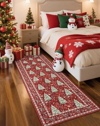 GarveeHome Red Christmas Floor Kitchen Runner Rug 2.5x8 Non Slip Washable Stain Resistant Christmas Tree Animals Print Holiday Decor Low-Pile Rugs for Hallway Bedroom with Rubber Back in Saudi Arabia