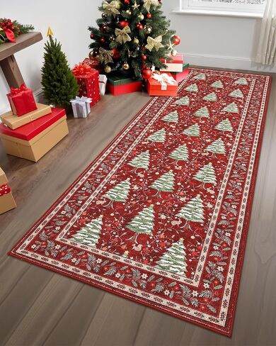 GarveeHome Red Christmas Floor Kitchen Runner Rug 2.5x8 Non Slip Washable Stain Resistant Christmas Tree Animals Print Holiday Decor Low-Pile Rugs for Hallway Bedroom with Rubber Back in Saudi Arabia