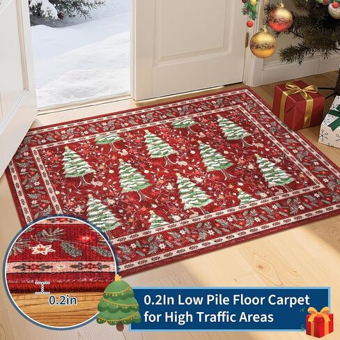 GarveeHome Red Christmas Floor Kitchen Runner Rug 2.5x8 Non Slip Washable Stain Resistant Christmas Tree Animals Print Holiday Decor Low-Pile Rugs for Hallway Bedroom with Rubber Back in Saudi Arabia