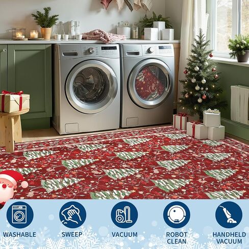 GarveeHome Red Christmas Floor Kitchen Runner Rug 2.5x8 Non Slip Washable Stain Resistant Christmas Tree Animals Print Holiday Decor Low-Pile Rugs for Hallway Bedroom with Rubber Back in Saudi Arabia