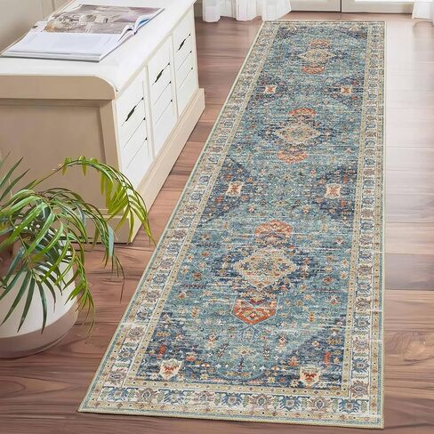 Enkor Runner Rugs for Hallway, 2.6x10.5 Washable Soft Non Slip Floor Rugs for Kitchen, Modern Mat for Living Room Bedroom Entryway Blue & White in Saudi Arabia